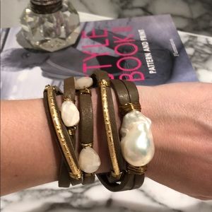 Leather and pearl wrap bracelet